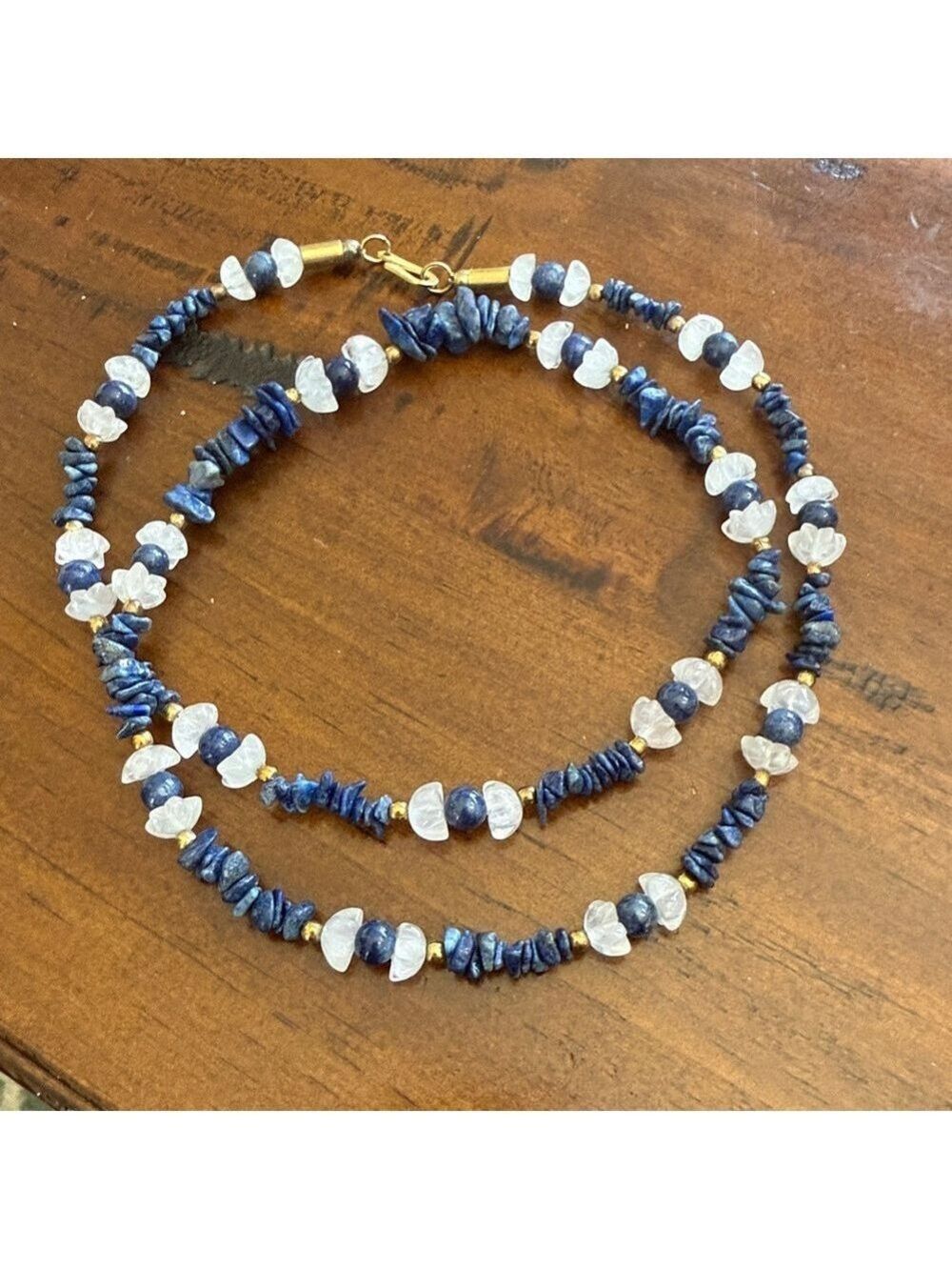 Lapis Lazuli chip and white quarts flower beaded necklace